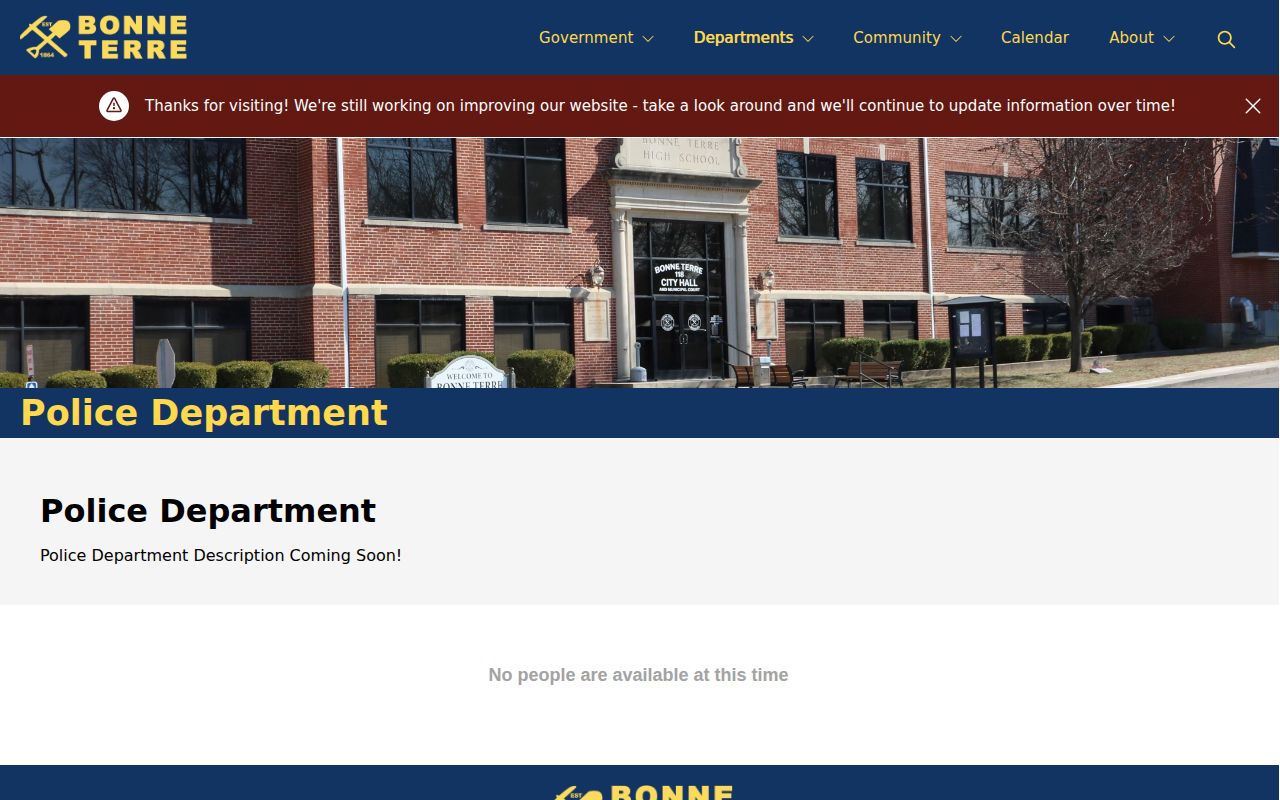 Official Bonne Terre Police Department webpage with city contact information