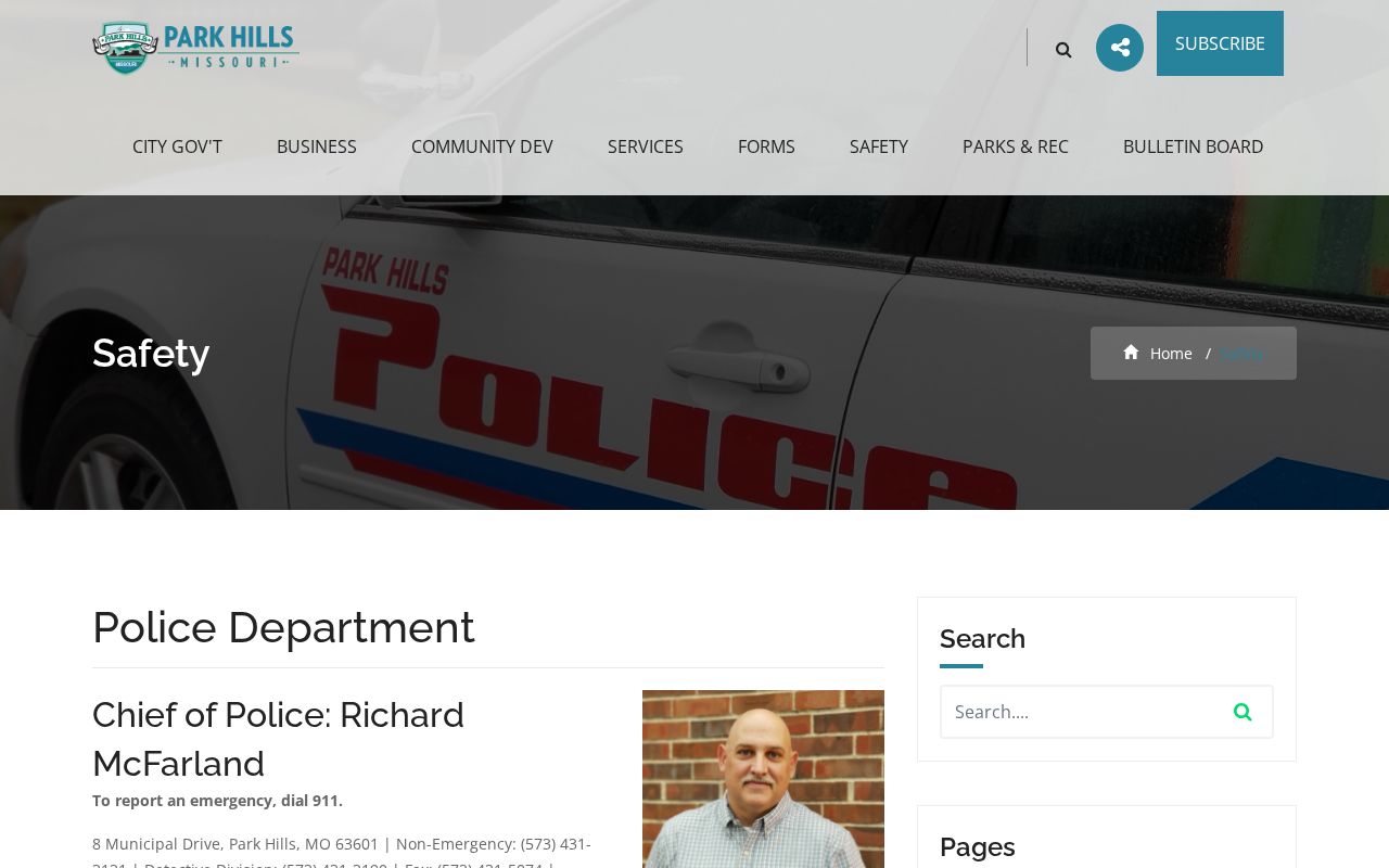 Screenshot of the Park Hills municipal safety page with police department contact information