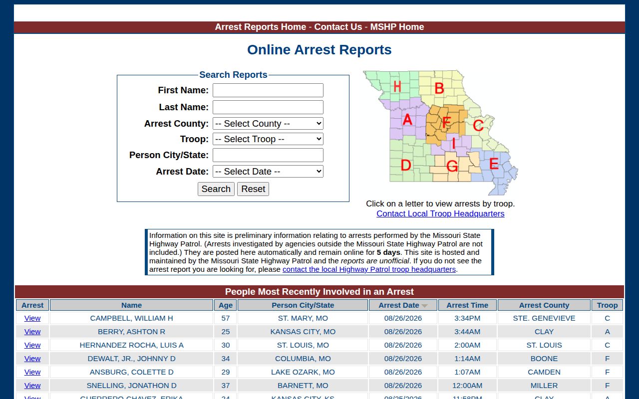 St. Francois County Missouri Highway Patrol arrest-record search